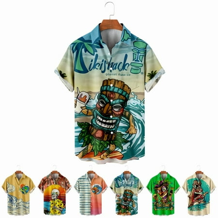 

LANLIN Hawaiian Youth Adult Casual Tee Shirts Front-Pocket Vacation Bowling Shirts Size 100-170/XXS-8XL