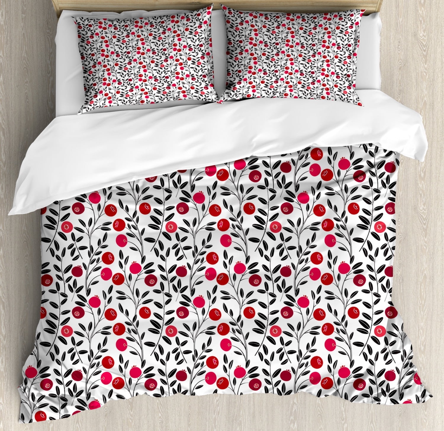 Cranberry Duvet Cover Set King Size, Foliage Berries with Leafage Field Gardening Fruits Yummy