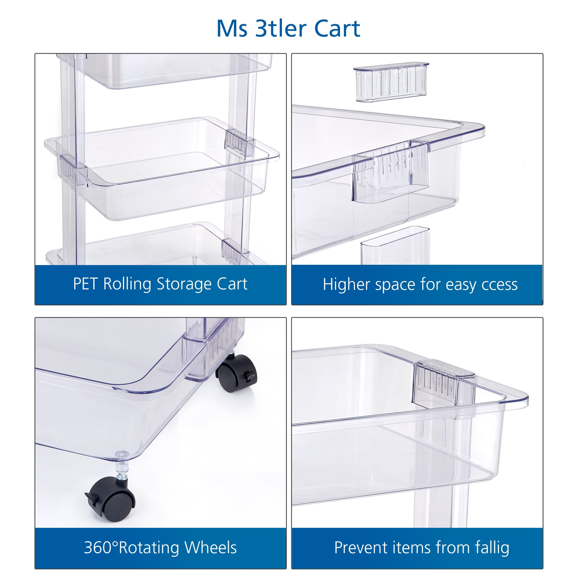 (4 pack) Mainstays 3 Tier Plastic Clear Laundry Storage Cart, Adult