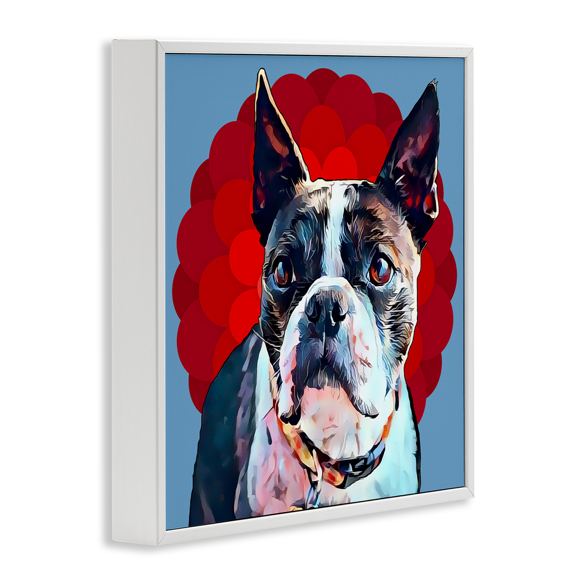 Stupell Industries Boston Terrier Dog over Geometric Animals & Insects Painting White Framed Art Print Wall Art, 12 x 12
