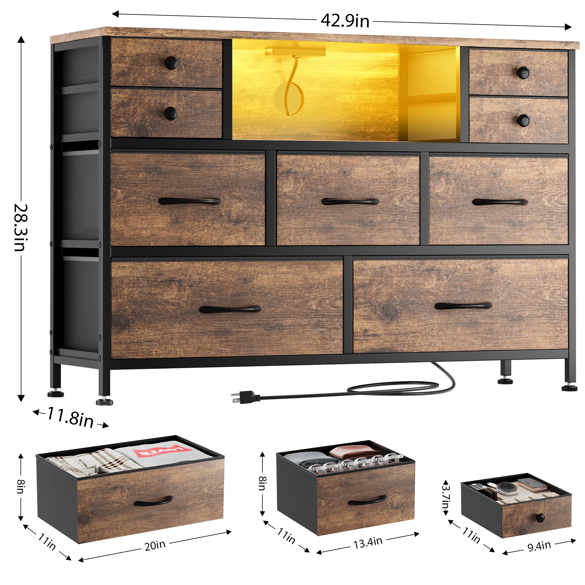 GIKPAL 9 Drawer Dresser, Dressers for Bedroom TV Stand with Power Outlets LED Lights, Fabric Dresser Chest of Drawers for up to 50" TV, Brown