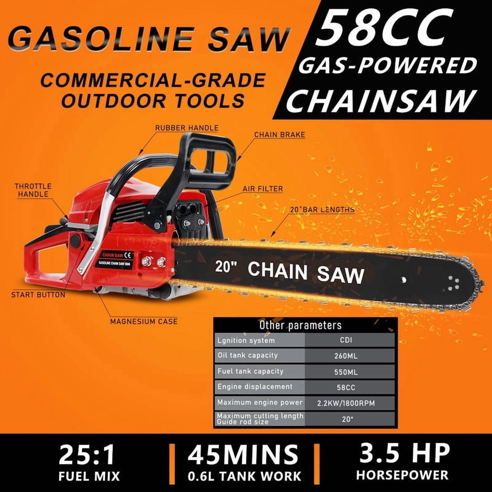 YNCE 58cc Gas Chainsaw 2-Cycle Engine Gas Powered Chainsaws 20 Inch Petrol Handheld Cordless Gasoline Chain Saw for Cutting Wood Tree Trimming Farm Garden