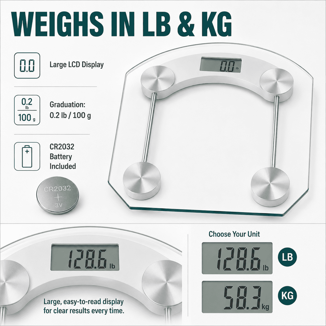Dependable Industries Personal Digital Bathroom Scale 396 lb Capacity Glass LCD Body Weight Scale with Step-On Technology