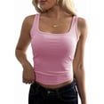 thumbnail image 1 of Women Rib Tank Top Padded Workout Top Square Neck Crop Tank Fitted Basic Camisole Tops Pink M, 1 of 9