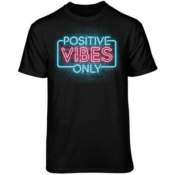 Teelocity Neon Light Positive Vibes Only Graphic T-Shirt (Medium - Standard Fit, Black)