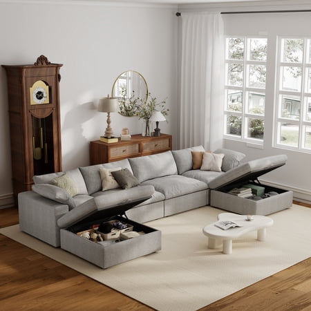 The Magic Home 157 Sofa Couch Cloud Modular Sectional Sofa with Removable Storage Ottoman U Shaped Linen Modern Comfy for Living Room Apartment Office DIY Combination 4 Seater Grey Couch