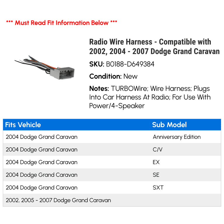 Dodge Caravan Radio Harness 2002-2007 | Harmony Audio Wiring Adapter Plug | OEM Fit Installation