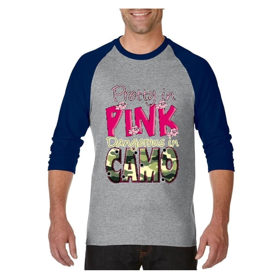 MmF - Mens Raglan Sleeve Baseball T-Shirts, up to Size 3XL - Pretty in Pink Dangerous in Camo