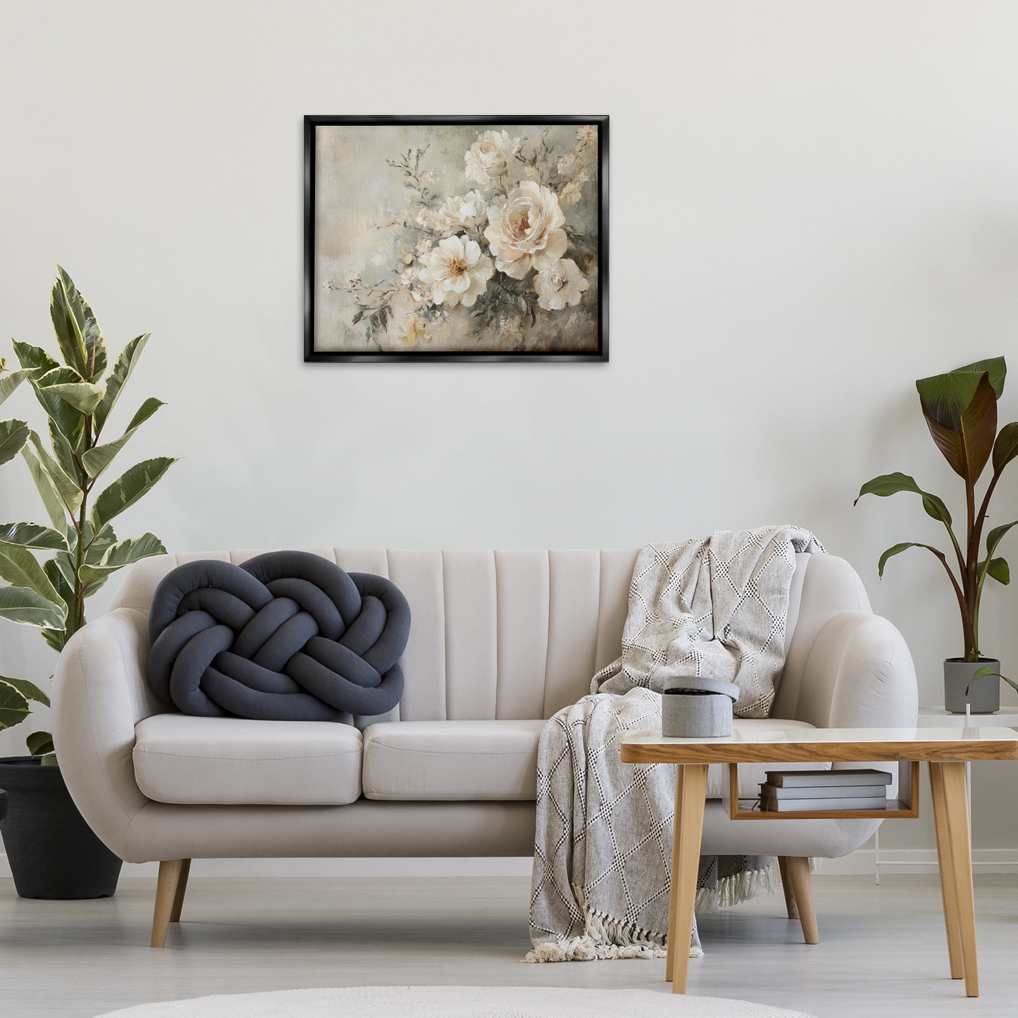 Stupell Industries Beige Faded Florals Plants & Flowers Painting Black Floater Framed Canvas Art Print Wall Art, 31 x 25