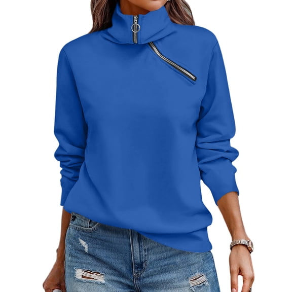 Women Casual Long Sleeve Pullover Top Asymmetric Zipper Turtleneck Loose Fit Solid Color Soft Warm Daily Wear Fashion Ladies Sweatshirt Blue 2XL