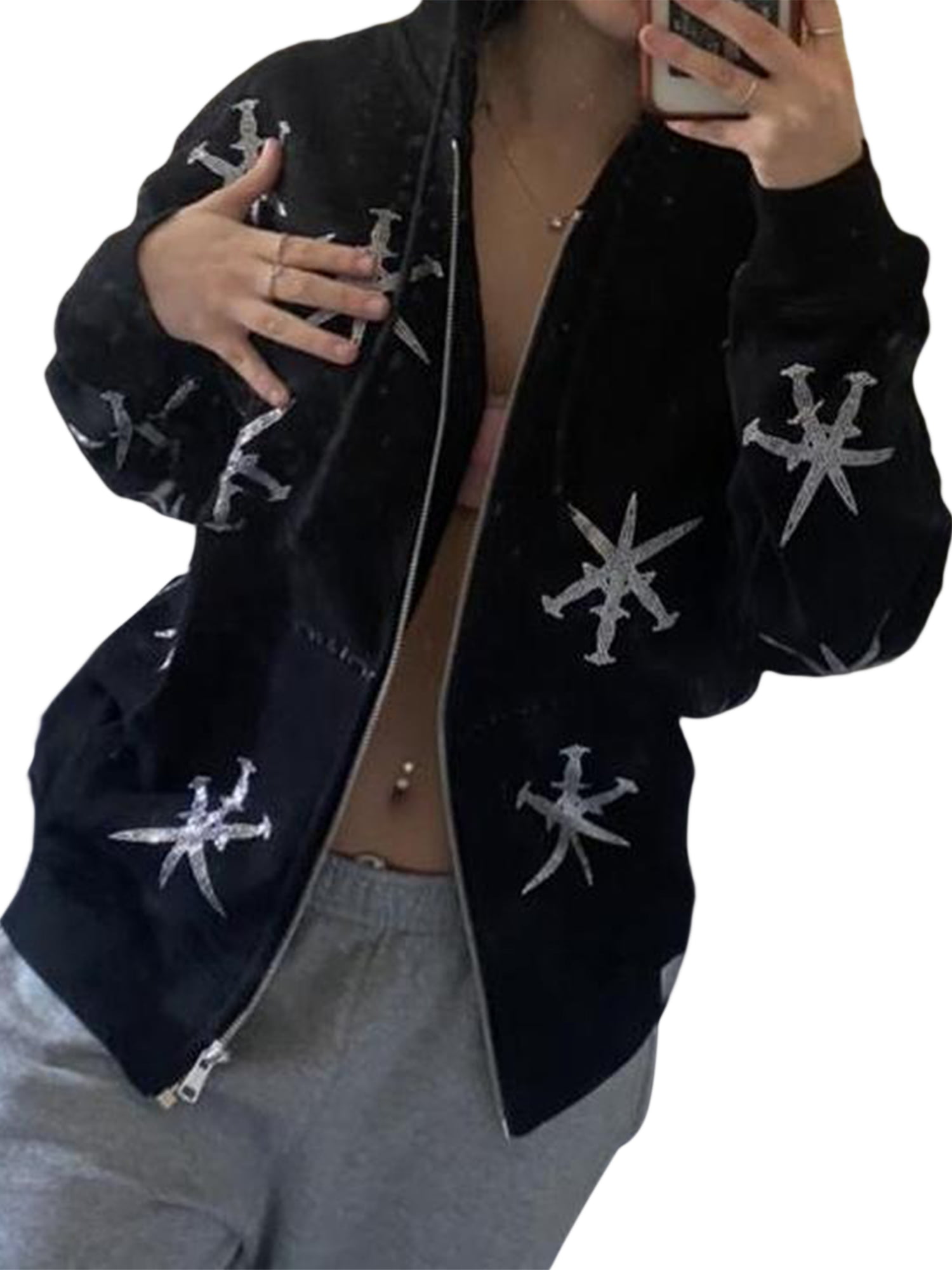 Women Rhinestone Graphic Zip Up Hoodies Oversized Y2k Sweatshirt Jacket  E-Girl 90s Punk Dragon Pullover Streetwear Coat 