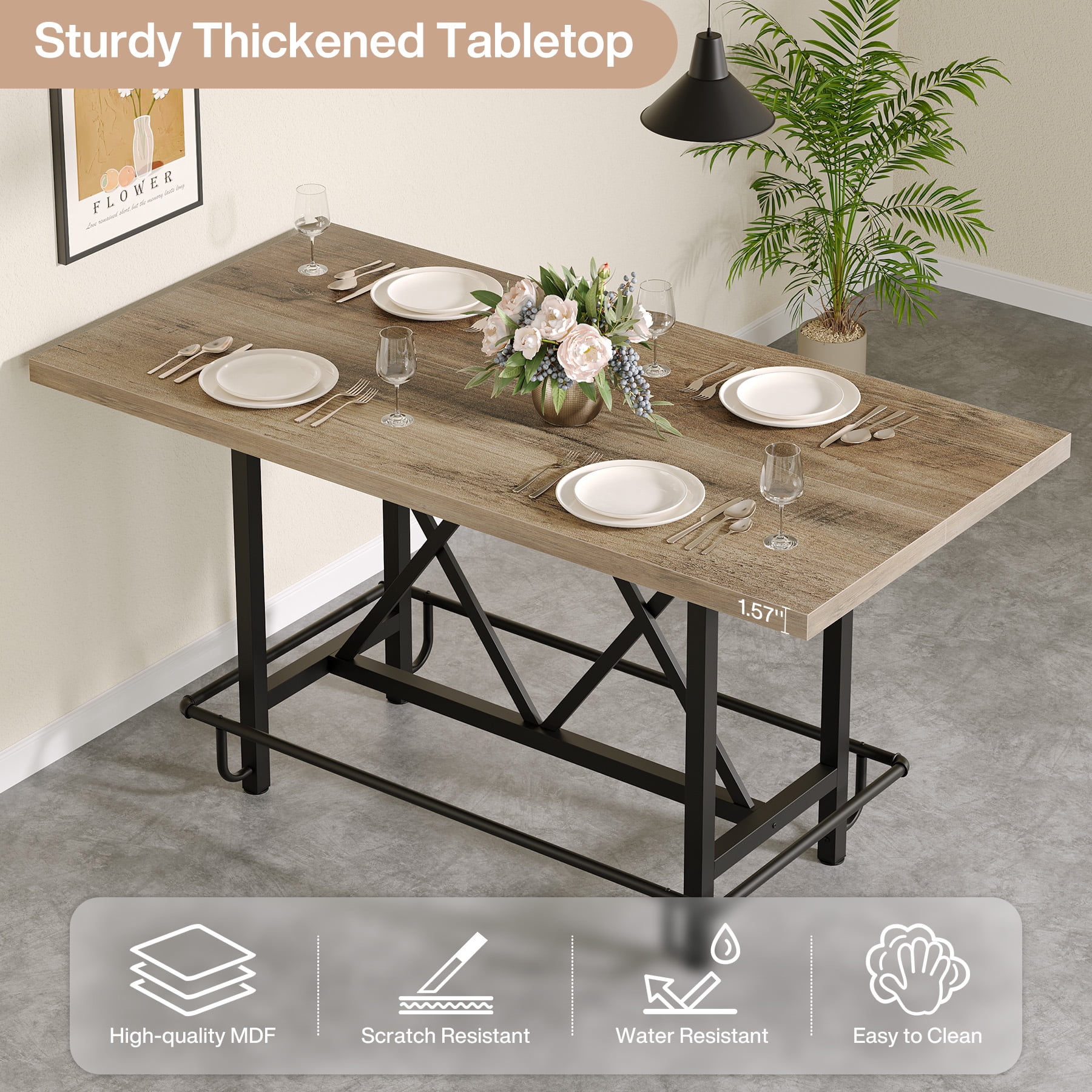 Fnova 35.4" Tall Dining Table, Rectangular Counter Height Kitchen Table with Metal Footrest for 6 People