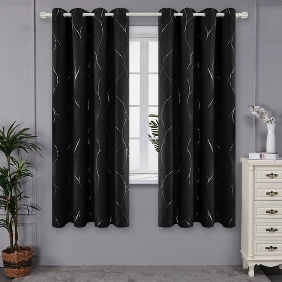 ZOPZO Grommet Blackout Curtains Silver Foil Wave Print Thermal Insulated Curtain for Kids Room 52W x 72L inches, Black, 2 Panels