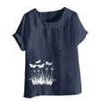 thumbnail image 4 of QATAINLAV Hauts en Coton et Lin pour Femmes 2025 Col Rond Manches Courtes Retroussées T-Shirt Tendance à Imprimé Floral Blouse Décontractée Coupe Ample Tenues des Fêtes Soldes pour Aujourd'hui Bleu Marine TG, 4 of 5