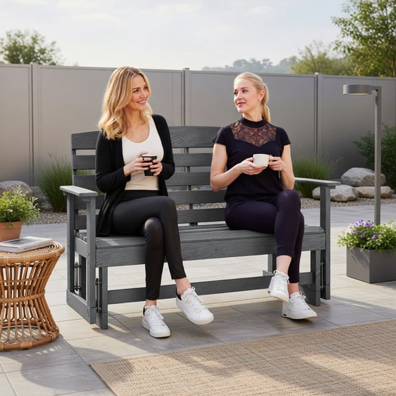 Resenkos Distressed Gray HDPE 2-Person Outdoor Glider Bench – Weatherproof Patio Rocking Chair with Smooth 0-45° Glide Motion, Slatted Seat & Rust-Resistant Construction