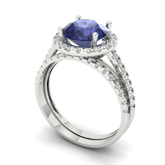 2.56 ct Brilliant Round Cut Tanzanite 14k White Gold Halo Solitaire with Accents Engagement Bridal Wedding Ring Band Set size 6.25