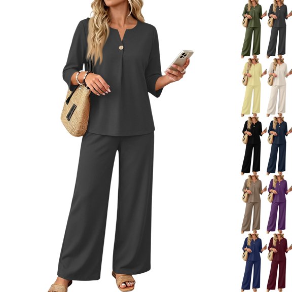 Womens Summer 2 Piece Lounge Sets 3/4 Sleeve V Neck Top Wide Leg Palazzo Pants Set 2026 Beach Travel Outfits,Gray,M
