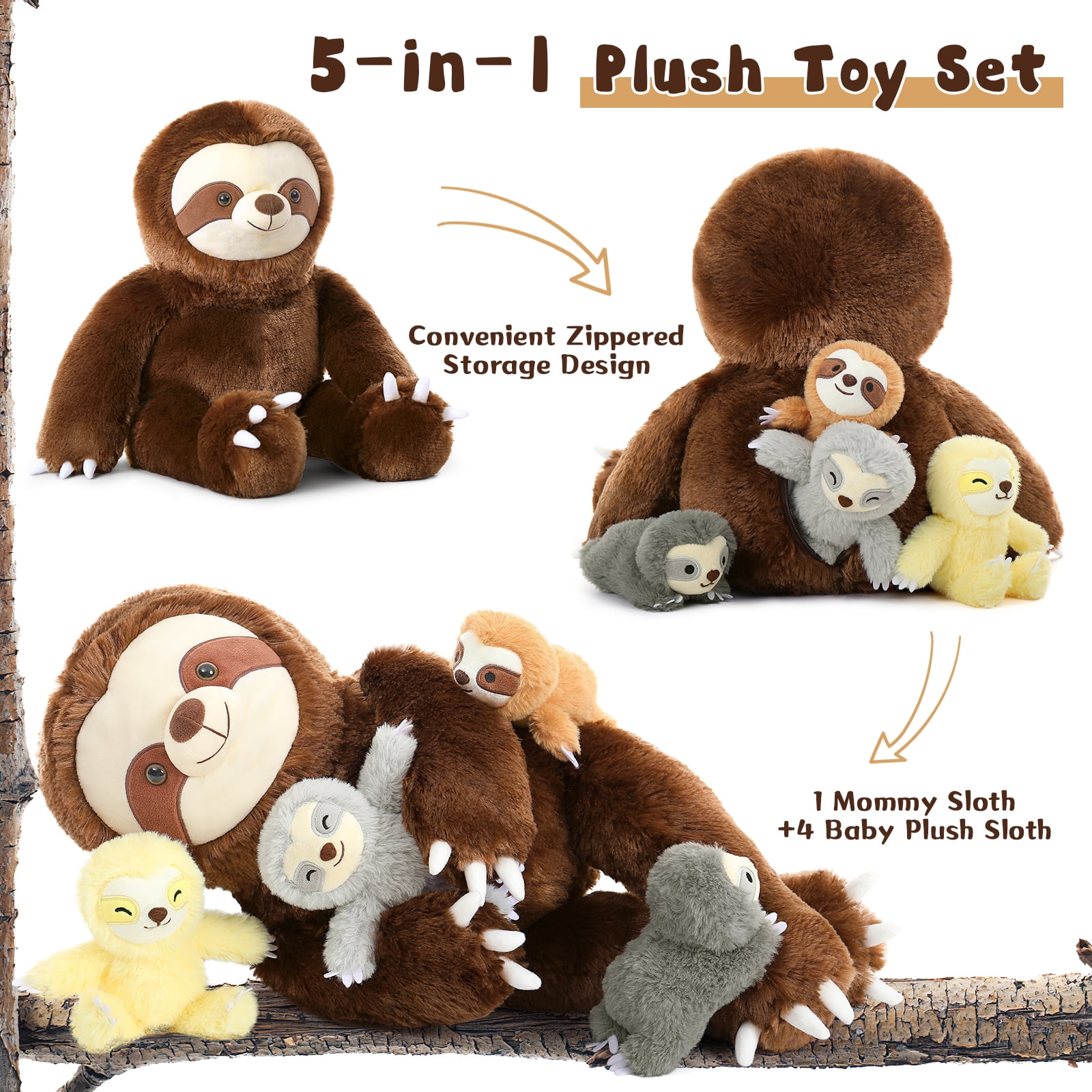 MorisMos 24" Sloth Stuffed Animal Mommy Sloth Plush Toy with 4 Baby Plush Toys