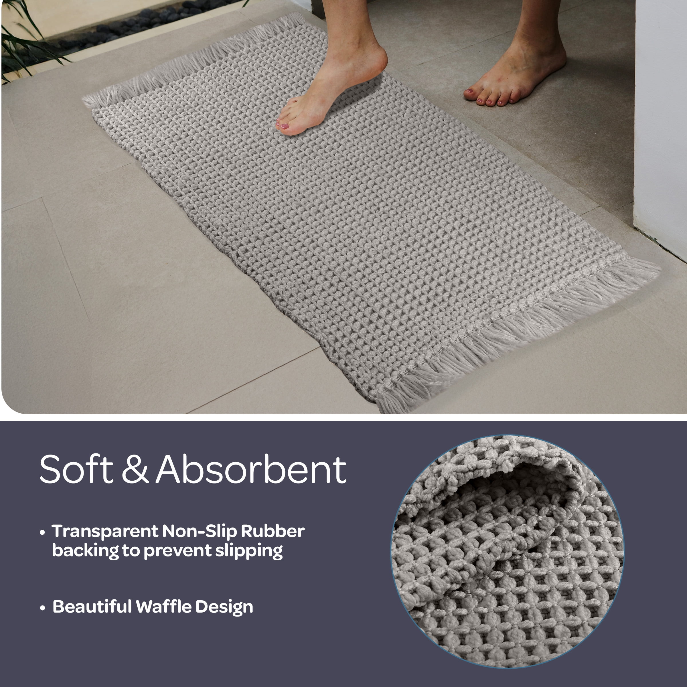 Lavish Home 2PC Waffle Bath Mat Set - Machine Washable Bathroom Rugs (Gray)