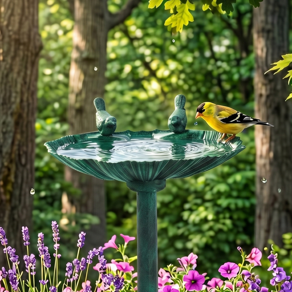 Resin Bird Bath Tub with 2.5W Solar Fountain, Shell Edge Design, Dark Green, 50x36x81cm