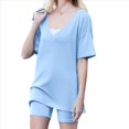 thumbnail image 3 of Conjunto de Dos Piezas para Mujer, Ropa de Verano 2025, Camisetas Extragrandes con Cuello en V, Pantalones Cortos Estilo Motero, Ropa de Estar Cómoda Azul S, 3 of 9