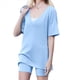 thumbnail image 3 of Conjunto de Dos Piezas para Mujer, Ropa de Verano 2025, Camisetas Extragrandes con Cuello en V, Pantalones Cortos Estilo Motero, Ropa de Estar Cómoda Azul S, 3 of 9