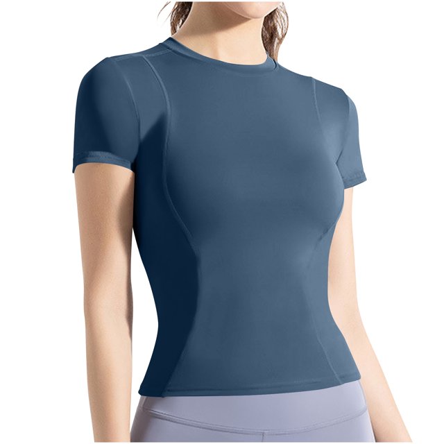 Women Workout Shirts Athletic Compression Tee Short Sleeve T-Shirt Stretch Tee Slim Fitting Yoga Gym Basic Tops Seamless Workout Shirts for Women Short Sleeve Button Blue M