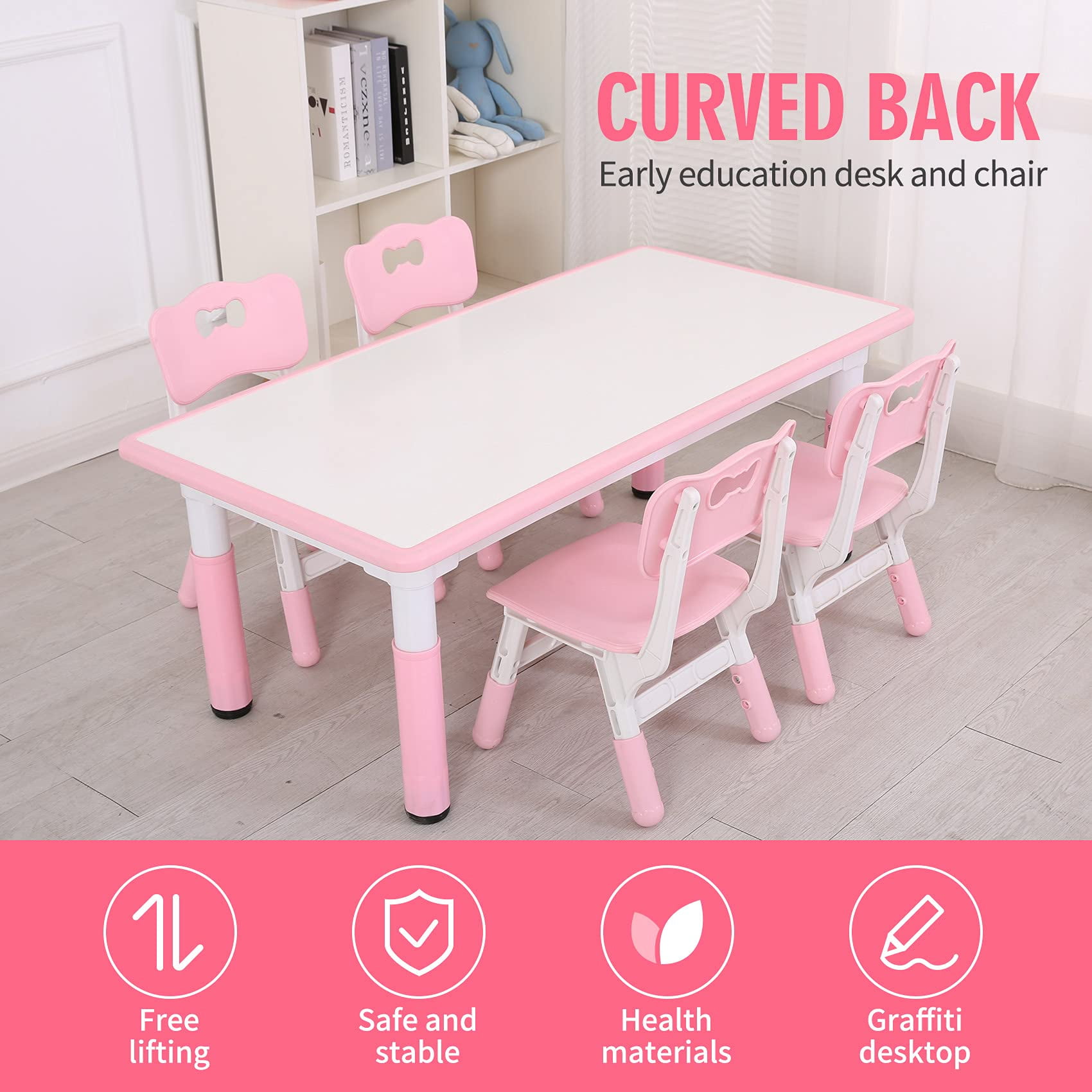 UNICOO® - Kids Study Table and Chairs Set, Height Adjustable Plastic Children Art Desk with 4 Seats, Kids Multi Activity Table Set (White Top + Pink Border)