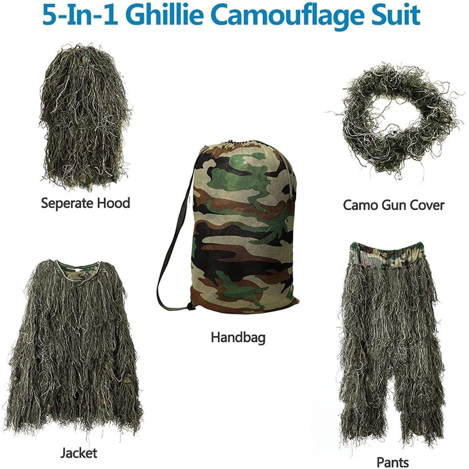Dpityserensio 5 In 1 Ghillie Suit 3D Camouflage Hunting Apparel Including Jacket Pants Hood Carry Bag