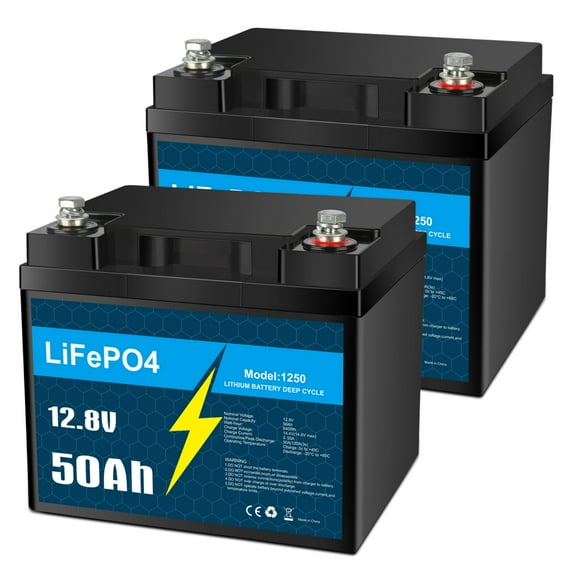 2 Pack 12V 50Ah LiFePO4 Lithium Battery with Smart BMS for RV, Solar, Trolling Motor