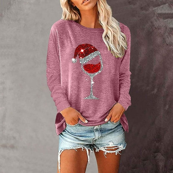 jsaierl Womens Christmas Sweatshirts Round Neck Long Sleeve Shirts Christmas Glass Graphic Tops Hippie Graphic Blouse Tee Xmas Pullover
