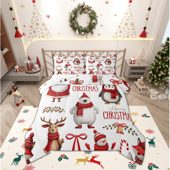 Manfei Cute Bear Deer Bedding Comforter Set,Merry Christmas Twin Comforter Sets,Cartoon Xmas Snowman Penguin Bedding Set For Girls Boys,Luxury Bedroom Decor Reversible,2-Piece