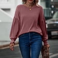 thumbnail image 4 of Women Round Neck T Shirt Lantern Long Sleeves Shirred Cuff Loose Fitting Casual Blouses Wine Red L, 4 of 6