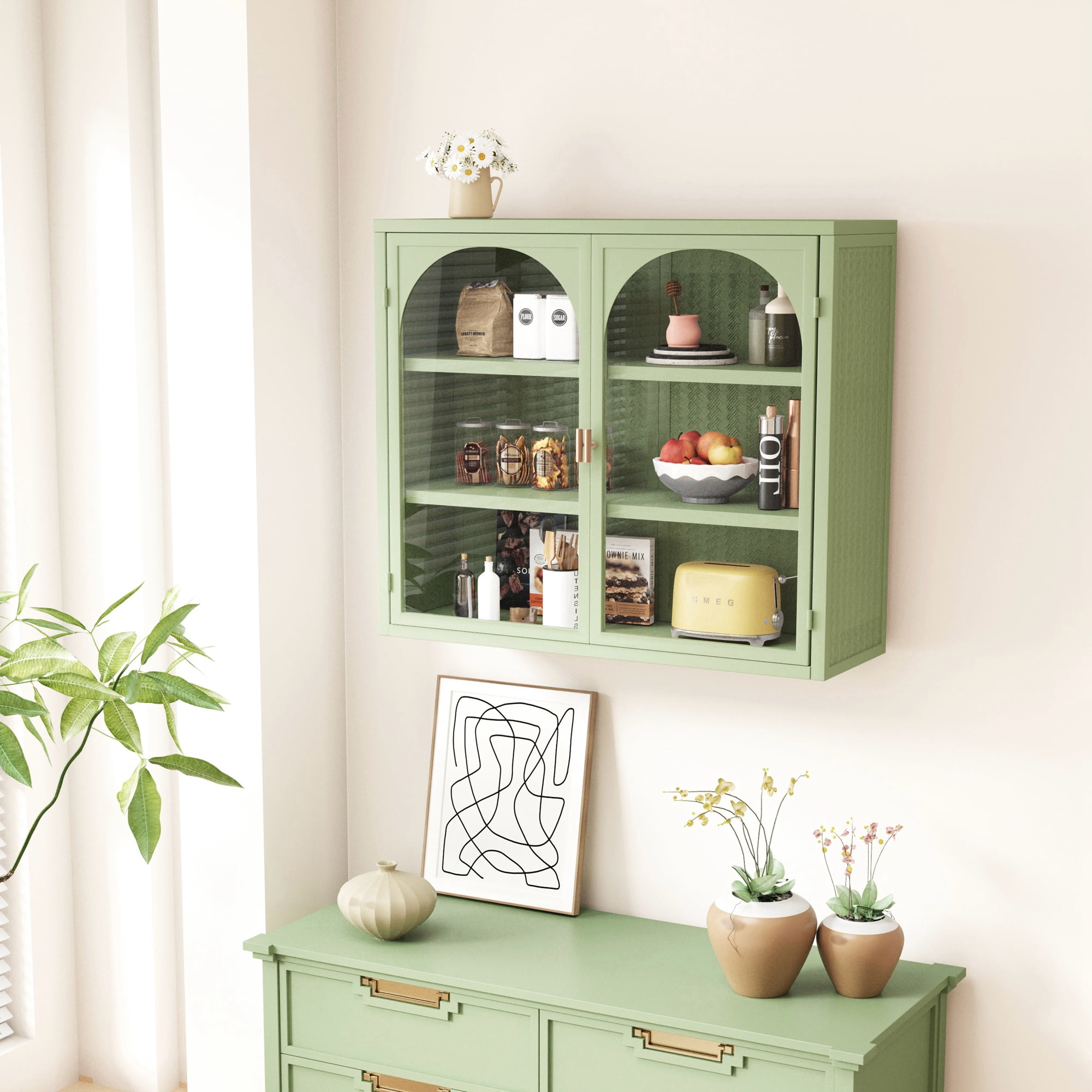 27.56"Wall Cabinet with Tempered Glass Doors, Bathroom Wall Storage Cabinet with Detachable Shelves for Office, Dining, Living Room, Kitchen and Bathroom, Green