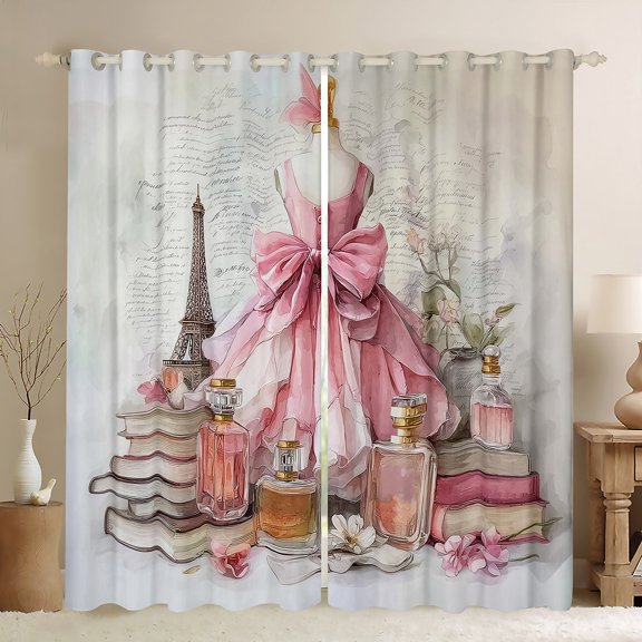 Manfei Princess Pink Dress Blackout Curtains Set of 2 (52x84 Each) for Girls, Romantic Eiffel Tower Window Curtains, Valentines Day Curtains and Drapes, Window Curtains Decor