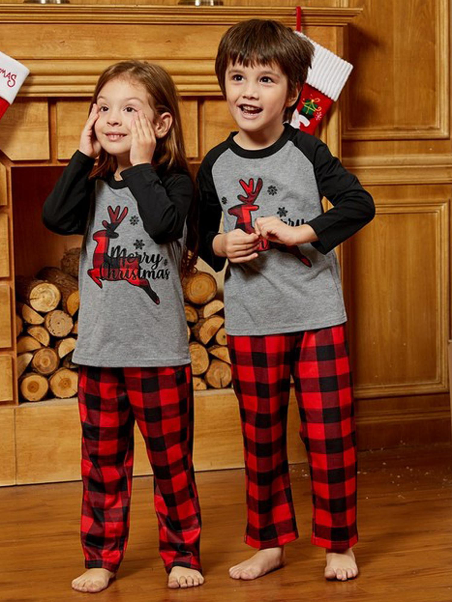 Christmas Matching Family Pajama Sets Printed Tops and Deer Plaid Xmas Sleepwear 