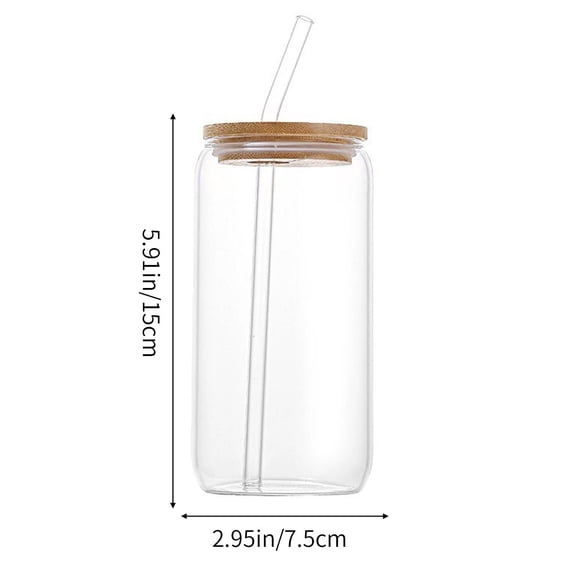 Yulucky Glass Straw Coke Cup,16oz Borosilicate Glass Mug with Wooden Lid & Glass Straw-500ml Clear Reusable Coffee Cup for Hot & Cold