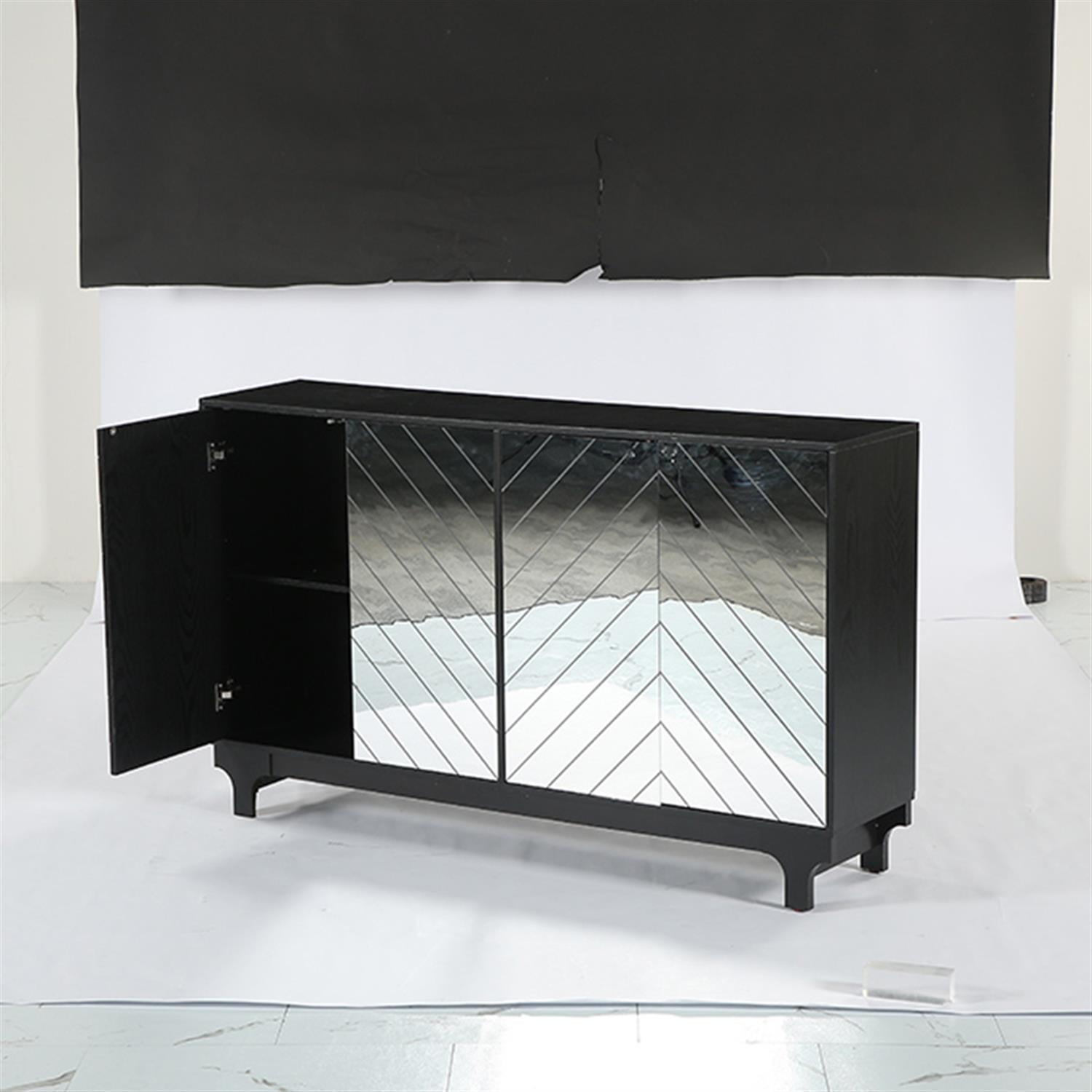 Demi Bonn 59" Sideboard Buffet, Modern Credenzas Storage Cabinet with 4 Acrylic Mirror Doors, Dining Room, Hallway, Cupboard Console Table, Liquor, Black