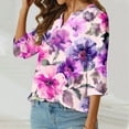 thumbnail image 4 of Teissuly Women's Casual Round Neck Button Cotton Linen Printed Three Quarter Sleeve Top, 4 of 5