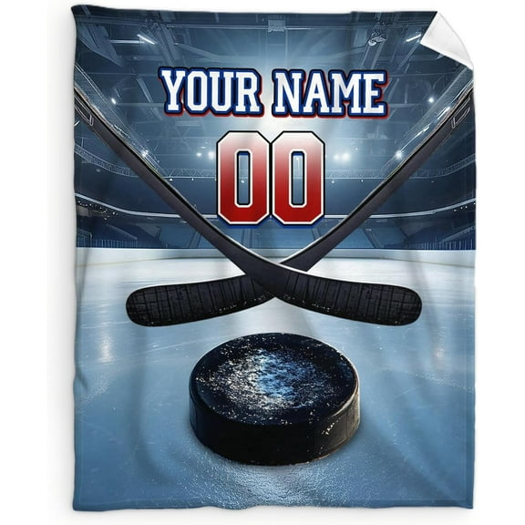 Custom Ice Hockey Blanket for Boys Girls with Name, 50 x 40 Inches Warm Soft Blanket for Ice Hockey Lovers, Cozy White Warm Flannel Throw Blanket Bed Sofa Room Decor, Camping, Travel
