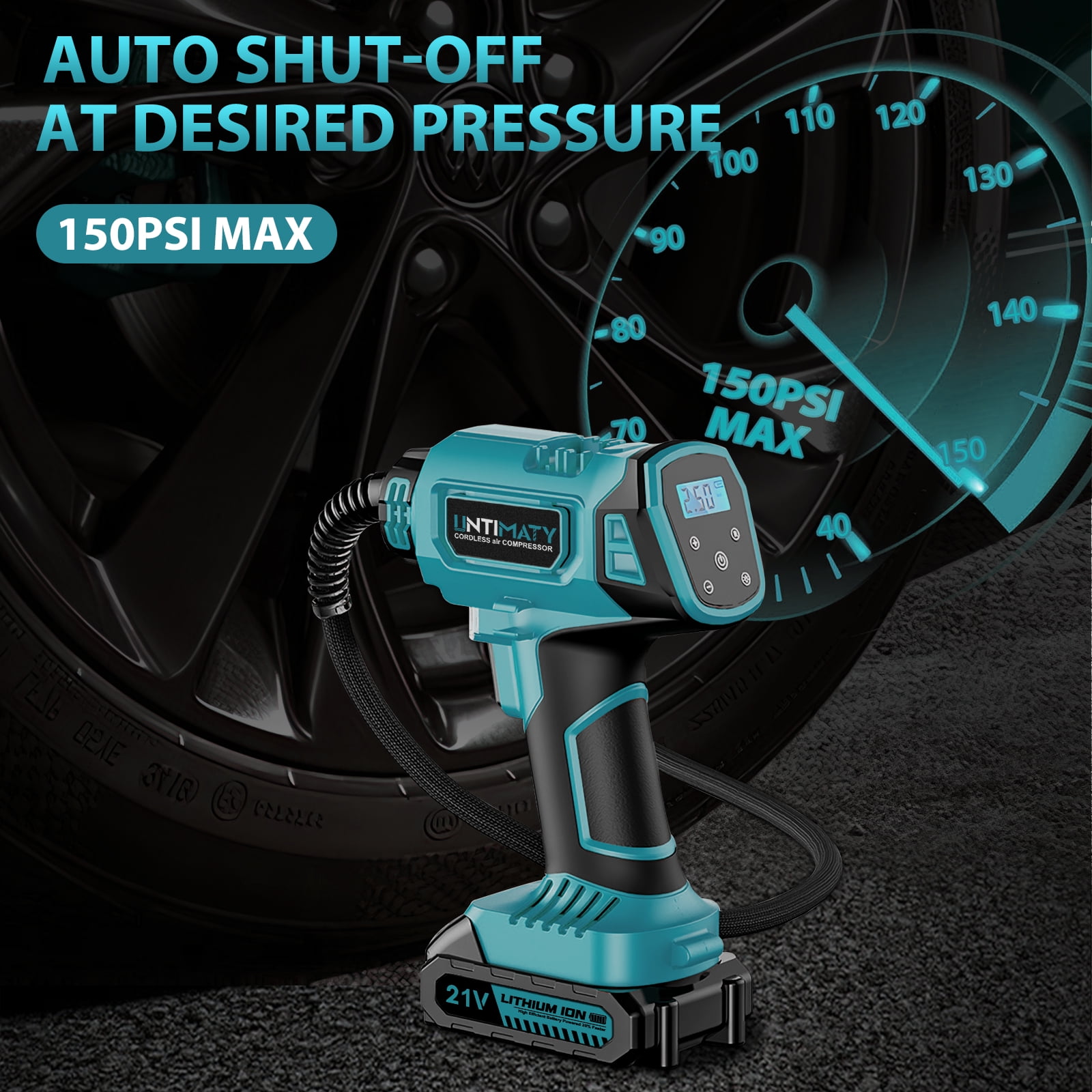 Cordless Tire Inflator, UNTIMATY Portable Air Compressor, 150PSI Handheld Air Pump with 21V Rechargeable Battery, Digital Pressure Gauge for Cars Motorcycles, Blue