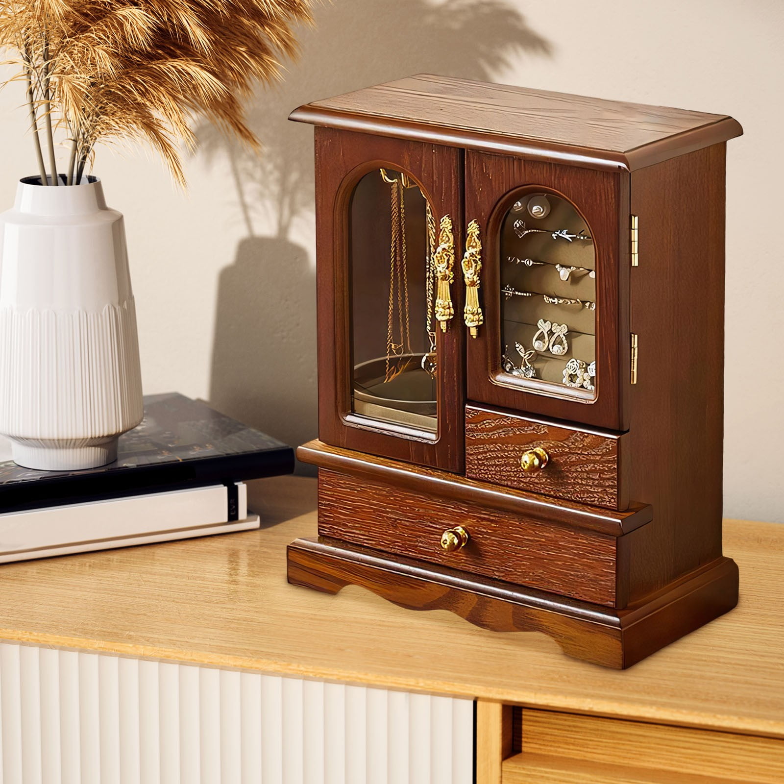 Kumdkd Kendal Wooden Jewelry Box for Women with Mirror - Solid Wood Jewelry Organizer with Rotating Necklace Hooks, 2 Drawers, Ring Slots, Gift for Her, Birthday, Christmas, Mother's Day, Anniversary