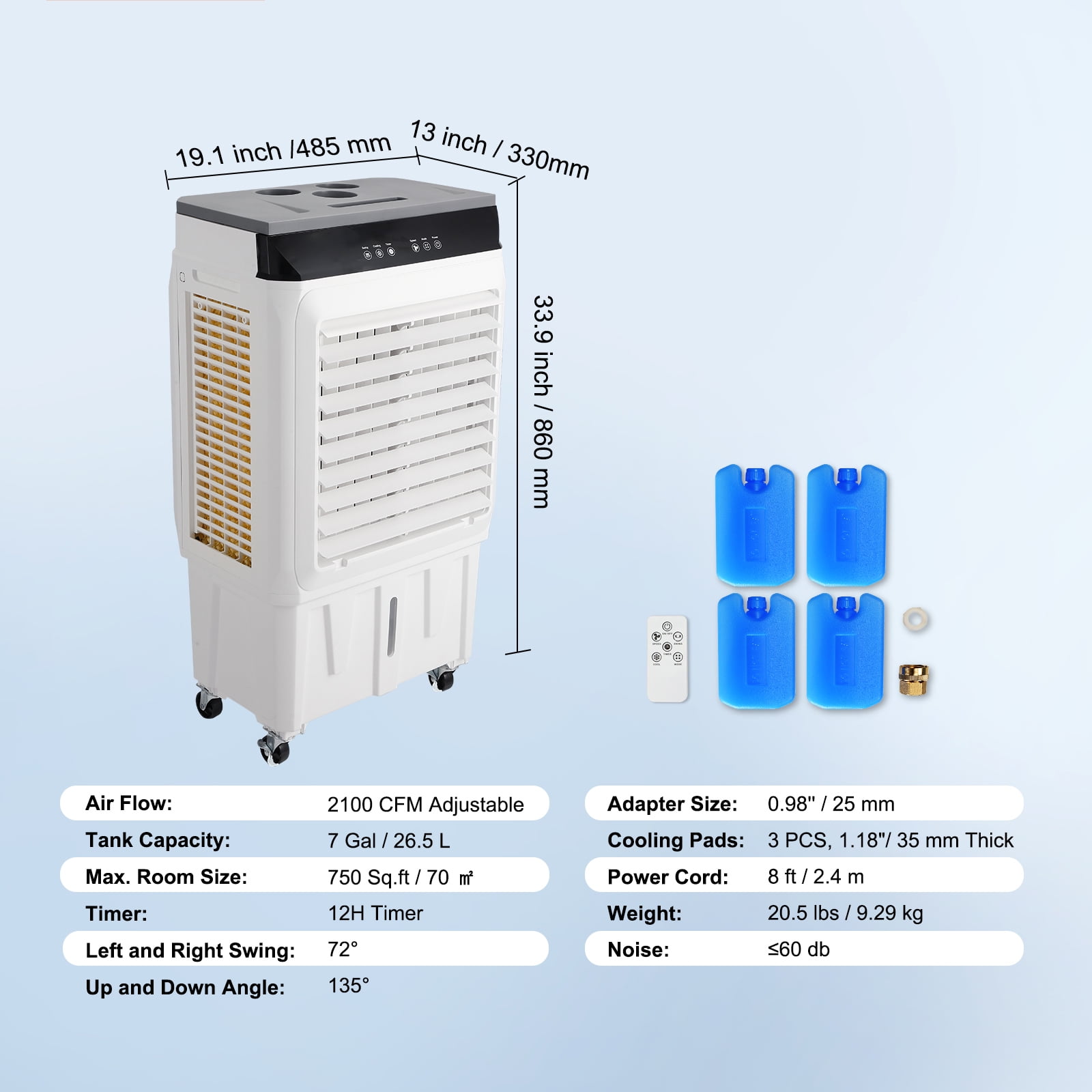 SKYSHALO 2100 CFM 3-Speed Evaporative Air Cooler for 750 sq ft, White