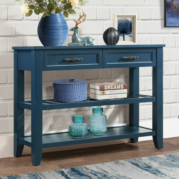 Console Sofa Table with 2 Storage Drawers & 2 Tiers Shelves, Mid-Century Style, 42'' Solid Wood Buffet for Home, Navy Blue
