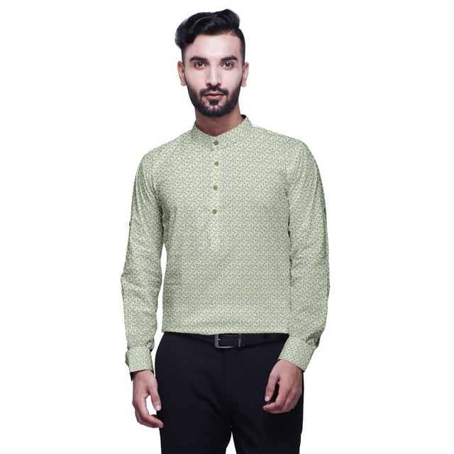 BESTMAN Chemises à Manches Retroussables Imprimées pour Hommes Kurta Courte Chemise à Col Mandarin