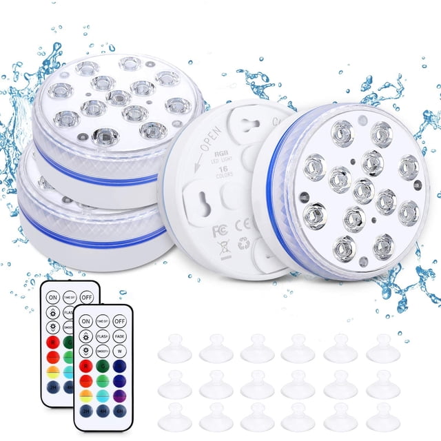 Luces LED sumergibles IP68, luces subacuáticas para piscina con control remoto RF, 13 cuentas de luz, 16 colores RGB, con imanes/ventosas, luz de ducha a batería para piscina.