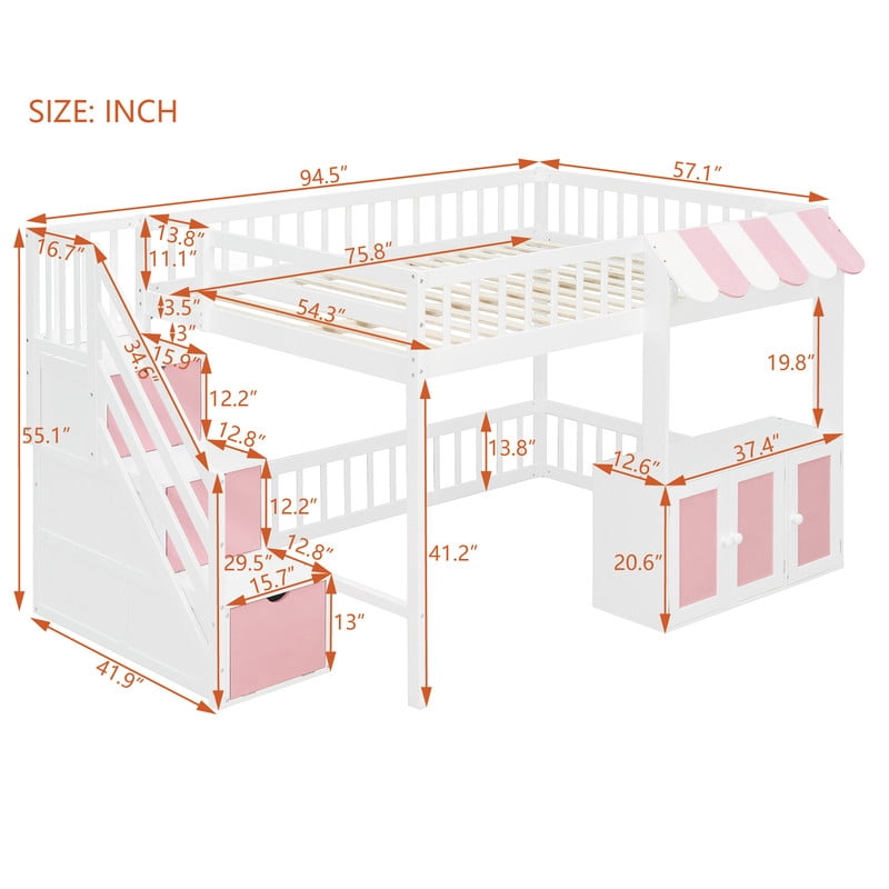 Full Size Playhouse Kids Loft Bed with Eaves Design, Wood Child Bed Frame with Storage Staircase, LED Light & Under Bed Cabinets