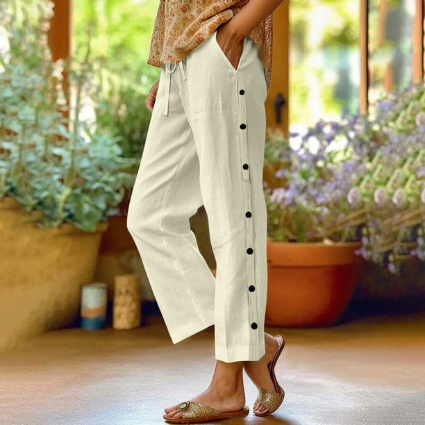 WILLBEST Pantalones Casuales de Verano Para Mujer, Diseño de Nueve Botones, Ideal Para Uso Diario, Estilo Cómodo Para Conjuntos de Manga Corta, Fácil Cuidado Con Opción de Lavado A Máquina.
