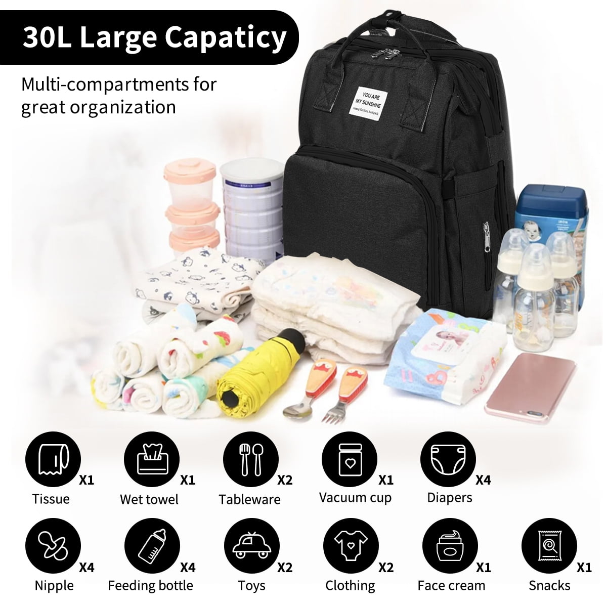 Caveen Waterproof Multifunctional Diaper Bag with Changing Pad, Black