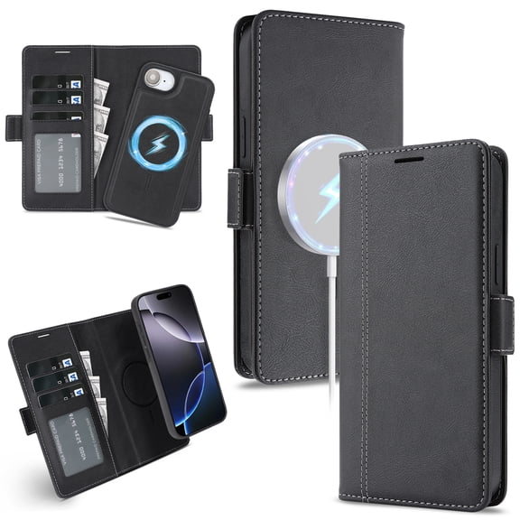 Wallet Case for iPhone 16e Compatible with MagSafe, 2-in-1 PU Leather Flip Card Holder Kickstand Shockproof Magnetic Clasp Detachable Rugged Phone Cover for iPhone 16e, Black